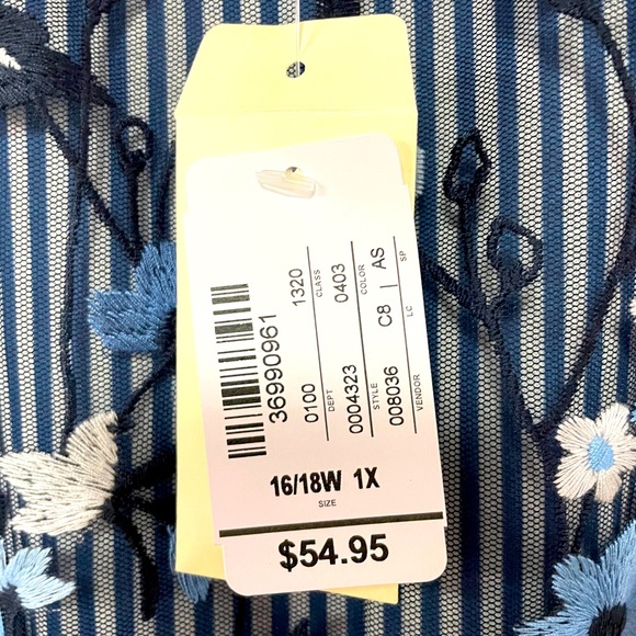 NWT CJ Banks Blue And White Striped Tank Top With Sheer Floral Overlay Sz 1X - Picture 4 of 6